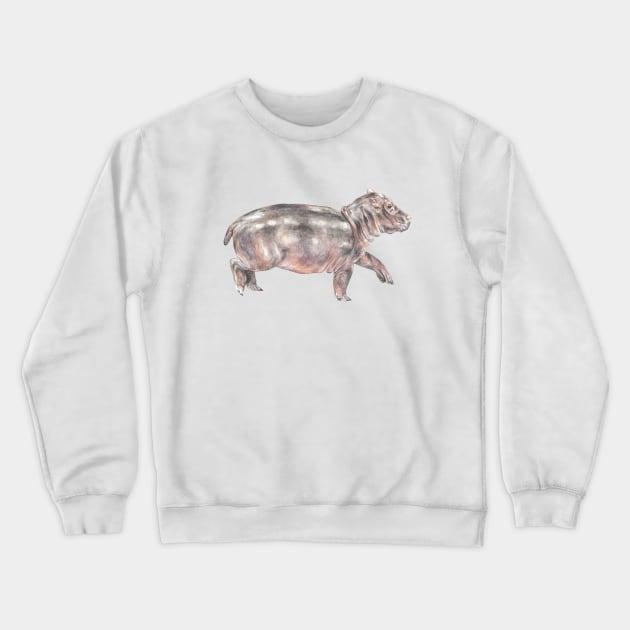 Watercolor Baby Tiptoeing Hippo Crewneck Sweatshirt by wanderinglaur